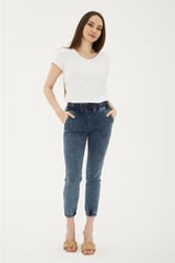 Paçası ve Beli Lastikli Denim Pantolon Mavi | Fashion Friends