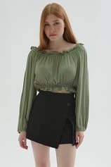 Yakası Fırfırlı Crop Bluz Haki Desenli | Fashion Friends