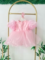 Pembe İncili Balon Kol Organze Parti Elbise