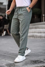 Haki Renk Erkek Yazlık Keten Karışımı Relaxed Pantolon - HAKİ