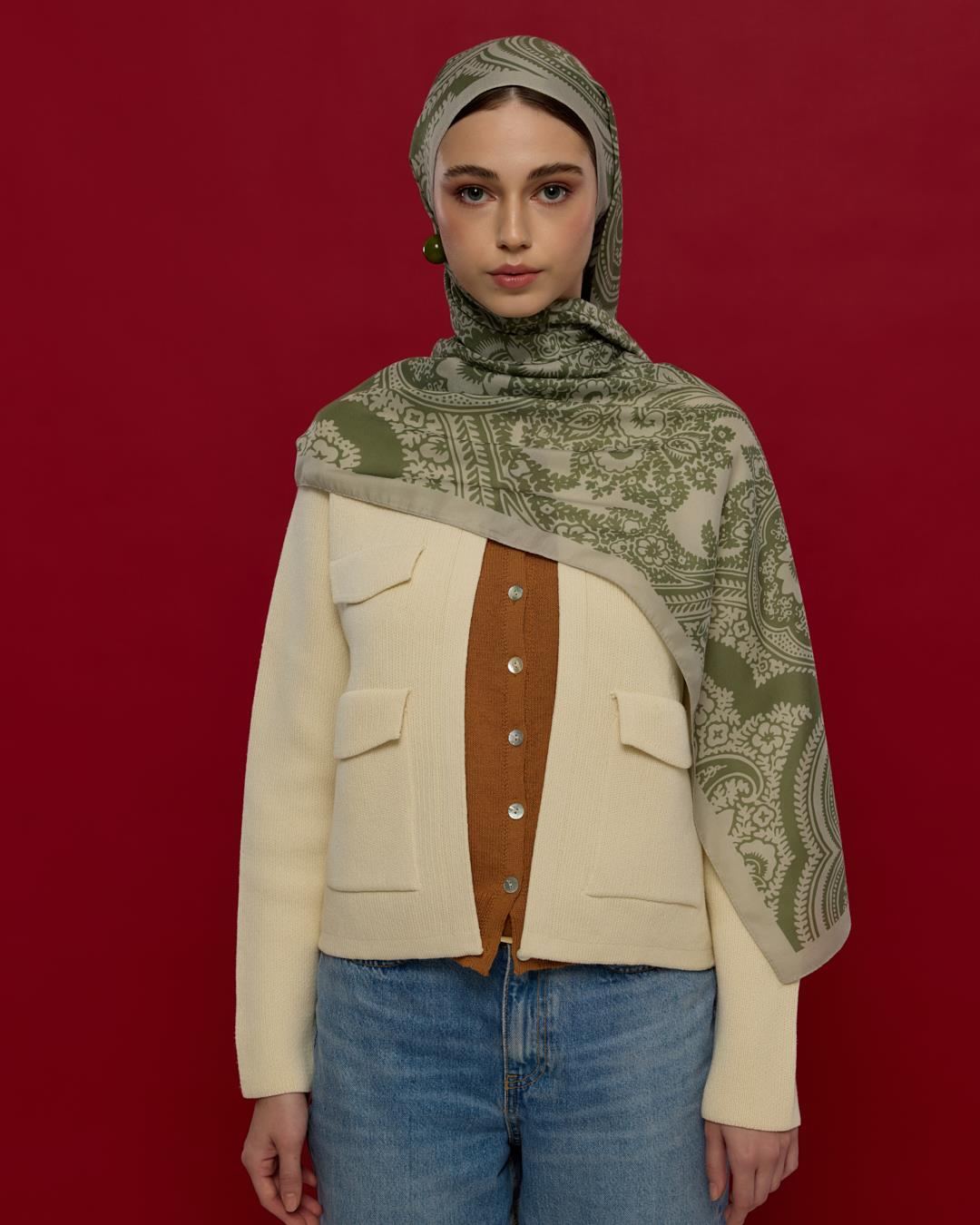 Badem Kremi & Zeytin Yeşili Sultani Desen Şal - 38 · görsel 3