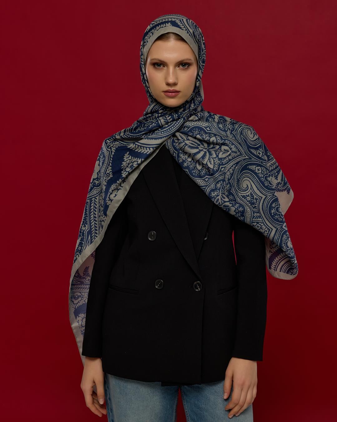 Bej & Lacivert Sultani Desen Şal - 60 · görsel 4