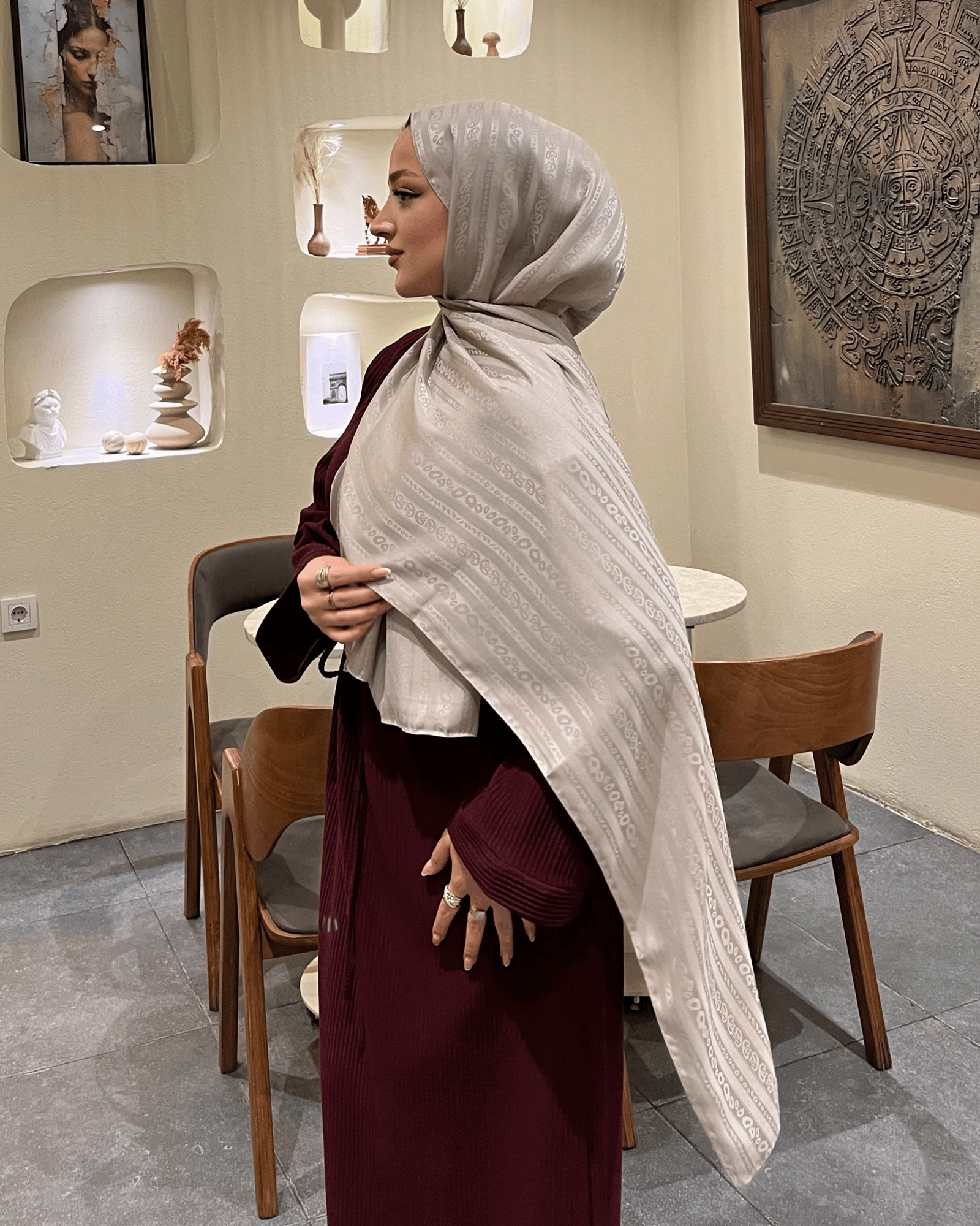 Bej Şerit Desen Jakar Şal · İpeksi Jakar · görsel 2