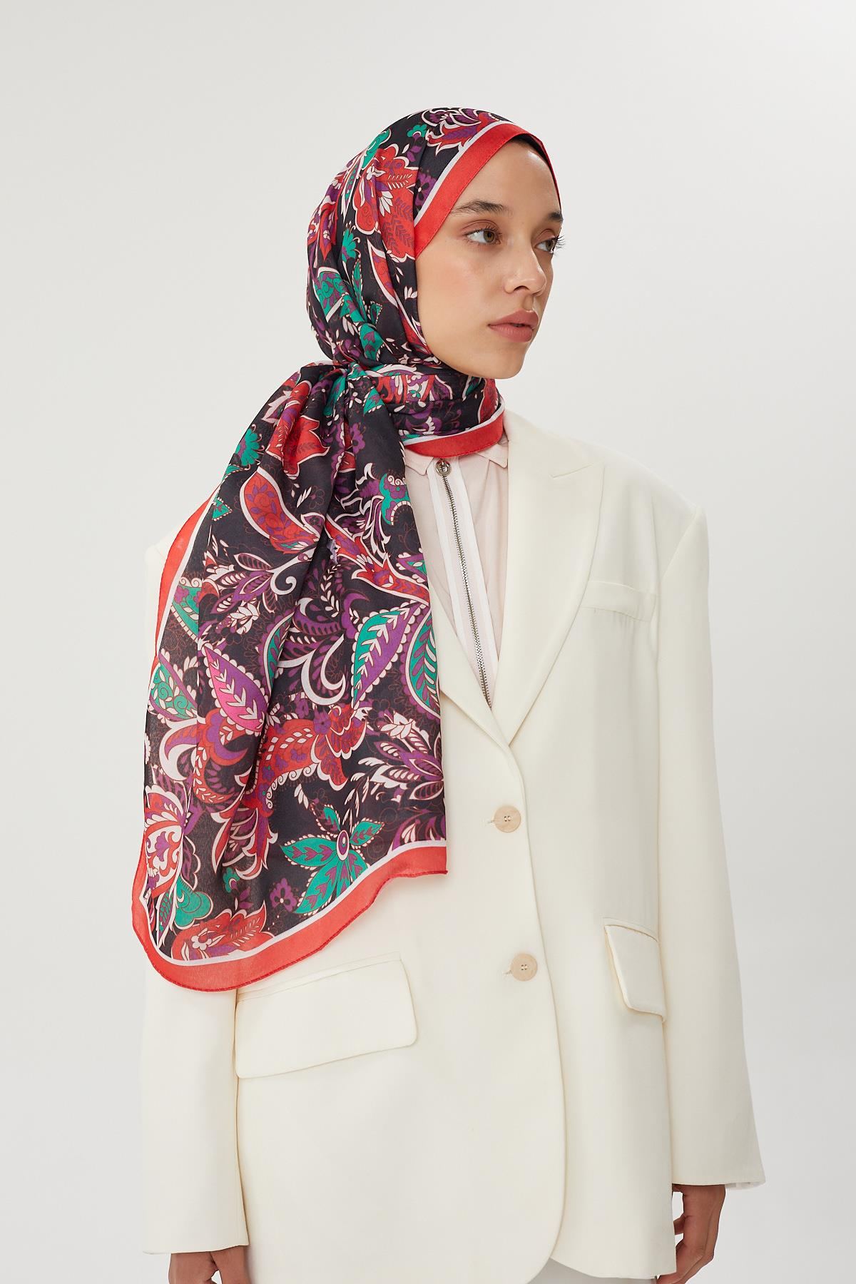 Bordo & Siyah Retro Desen Şal · Pamuk · görsel 3
