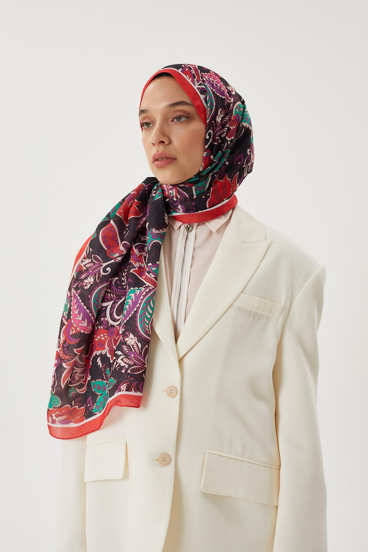 Bordo & Siyah Retro Desen Şal · Pamuk · görsel 4