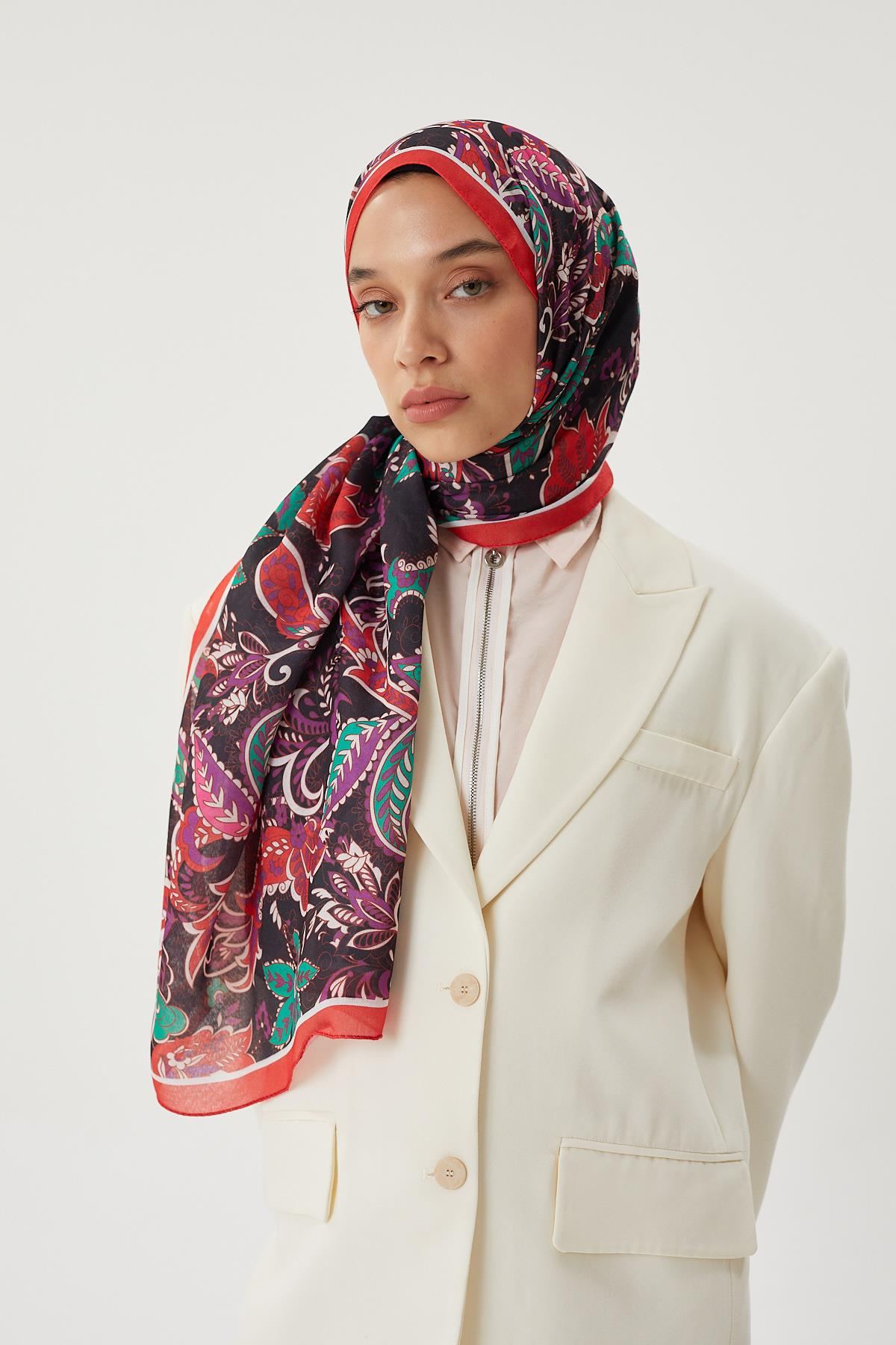 Bordo & Siyah Retro Desen Şal · Pamuk · görsel 5