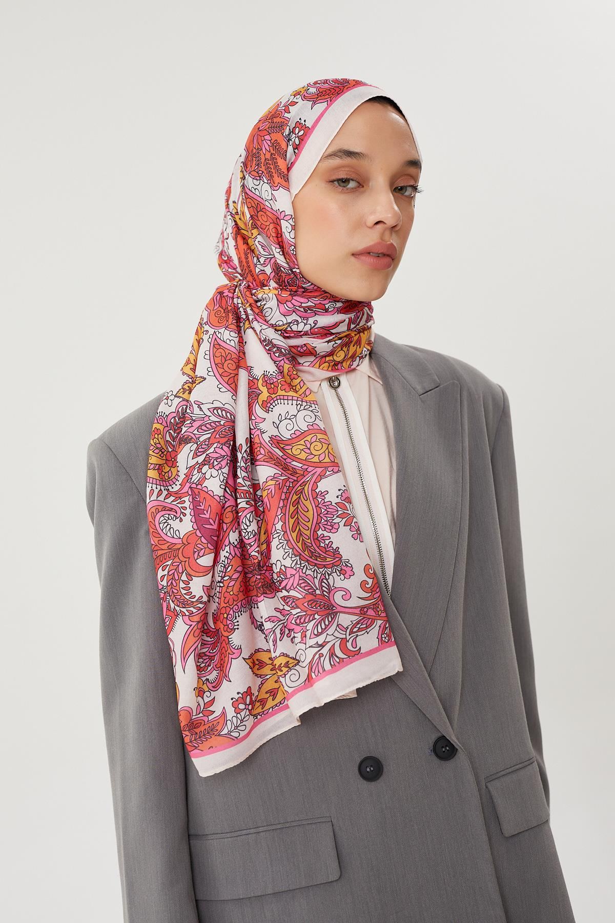Ekru & Pastel Pembe Retro Desen Şal · Pamuk · görsel 3