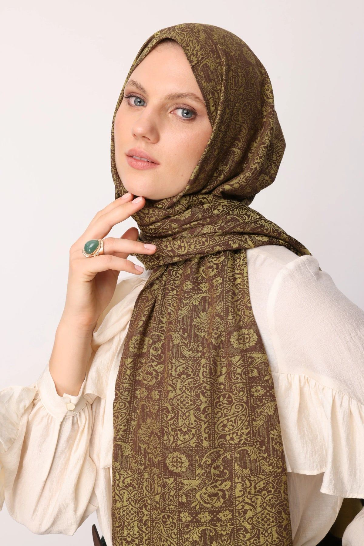 Acı Kahve-Somon Henna Desen Çift Taraflı Şal · Kaşmir · görsel 3