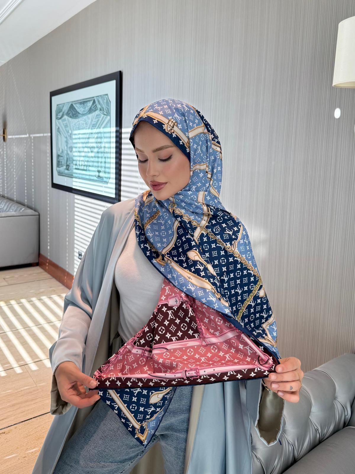 İthal Lacivert & Bordo LV Desen Twill İpek Şal · görsel 2