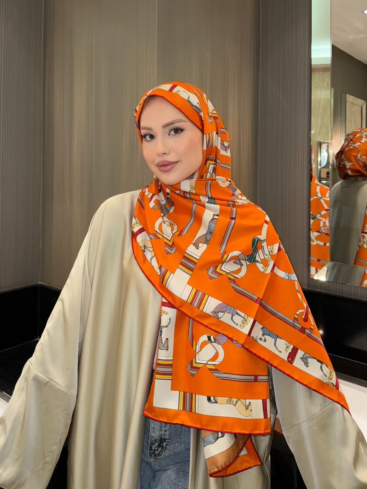 İthal Turuncu & Mocha H Horse Desen Twill İpek Şal · görsel 4