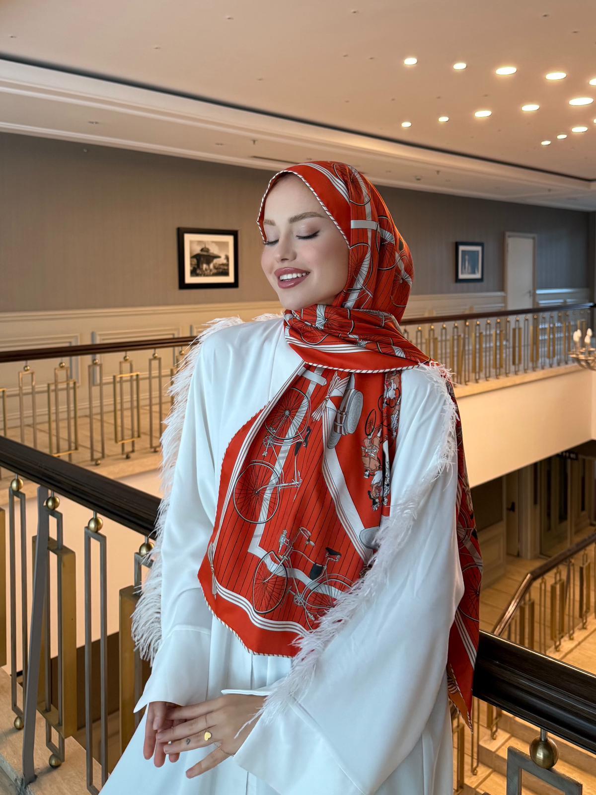 İthal Turuncu & Pastel Turuncu H Desen Twill İpek Şal · görsel 3