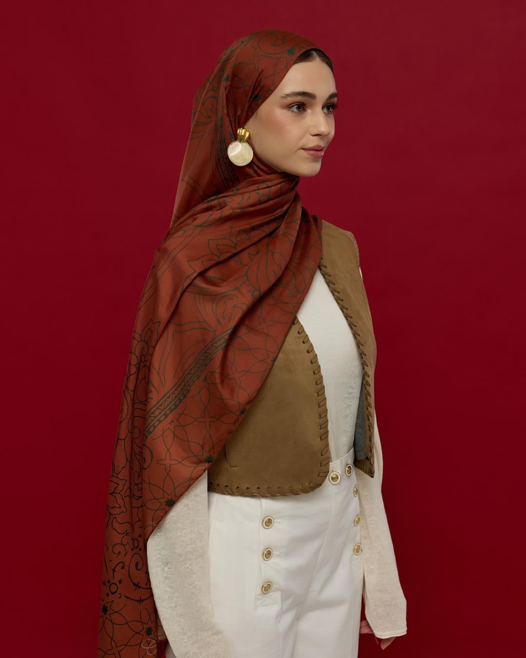 Kızıl Bakır & Koyu Yeşil Efsunlu Desen Şal - 26 · görsel 4