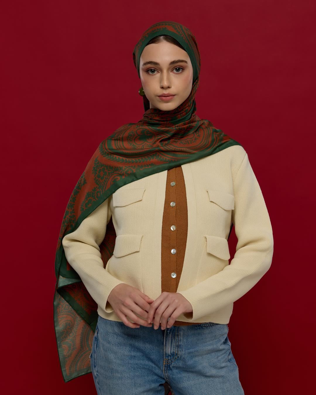 Koyu Yeşil & Kızıl Bakır Sultani Desen Şal - 25 · görsel 4