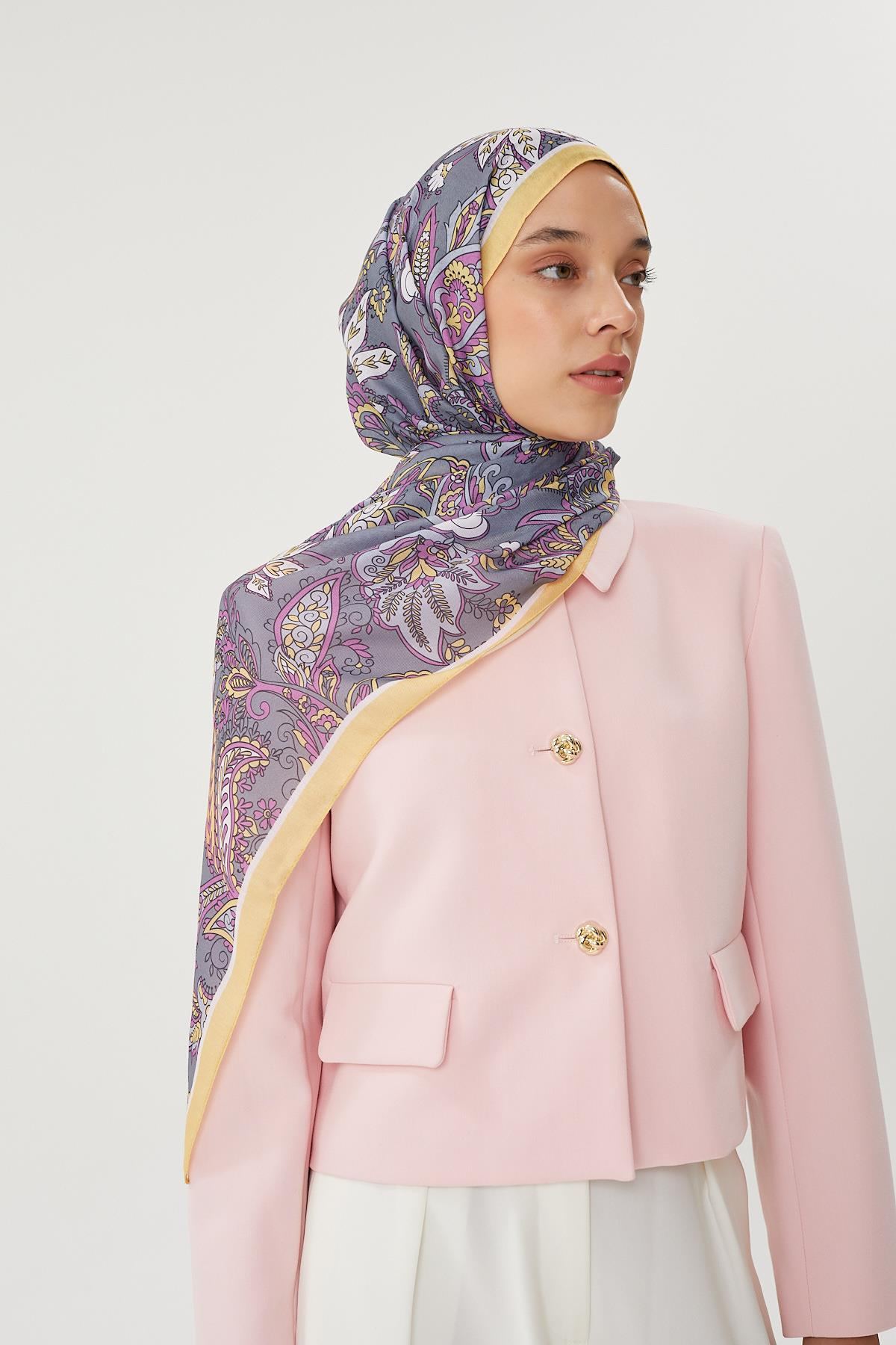 Pastel Sarı & Gri Retro Desen Şal · Pamuk · görsel 4