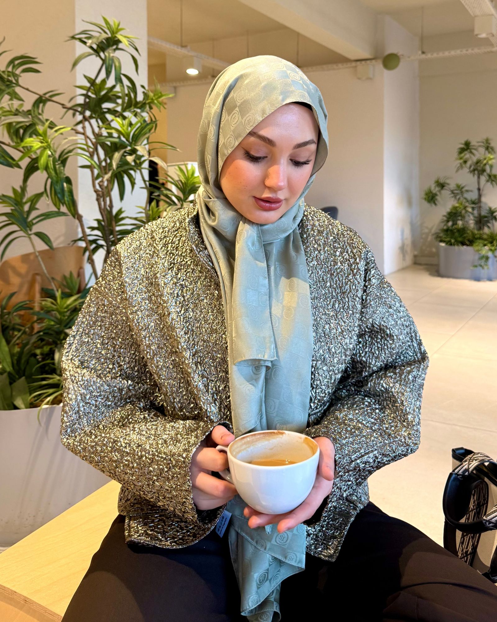 Pastel Yeşili Damier Desen Jakar Şal · İpeksi Jakar · görsel 2