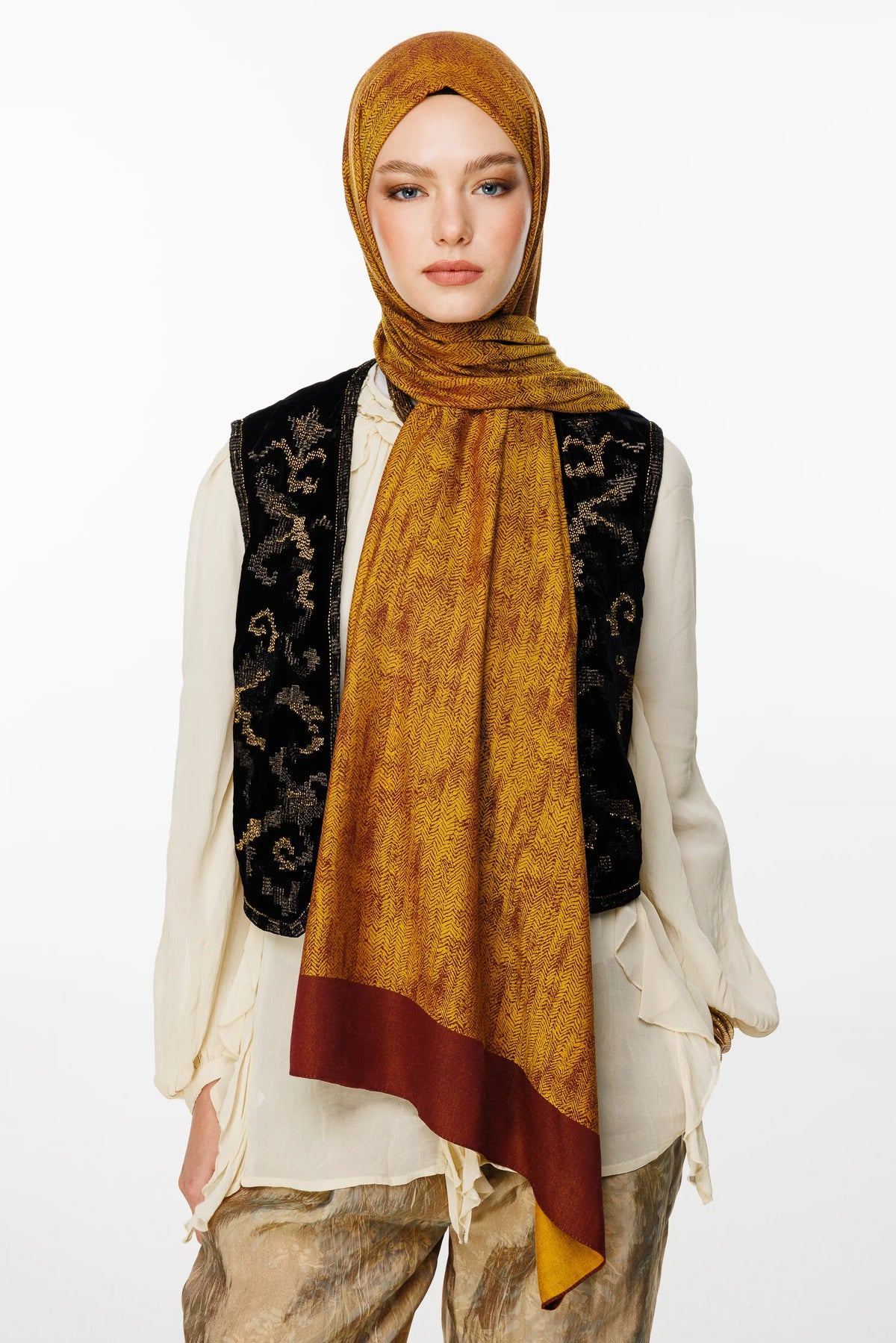 Mürdüm-Sarı Sahra Desen Çift Taraflı Şal · Kaşmir · görsel 2