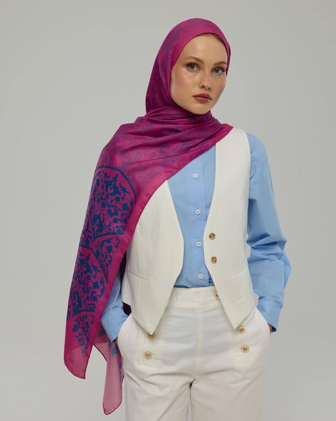 Şakayık Pembesi & Çini Mavisi Saraylı Desen Şal - 06 · görsel 3