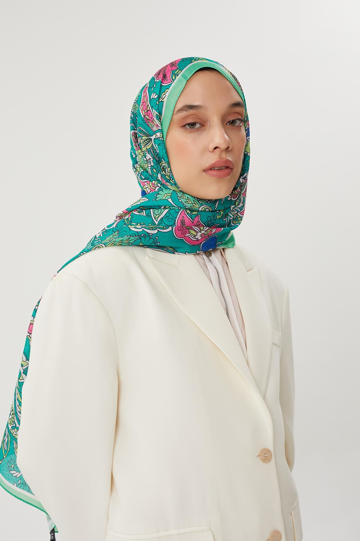 Yeşil & Benetton Retro Desen Şal · Pamuk · görsel 4
