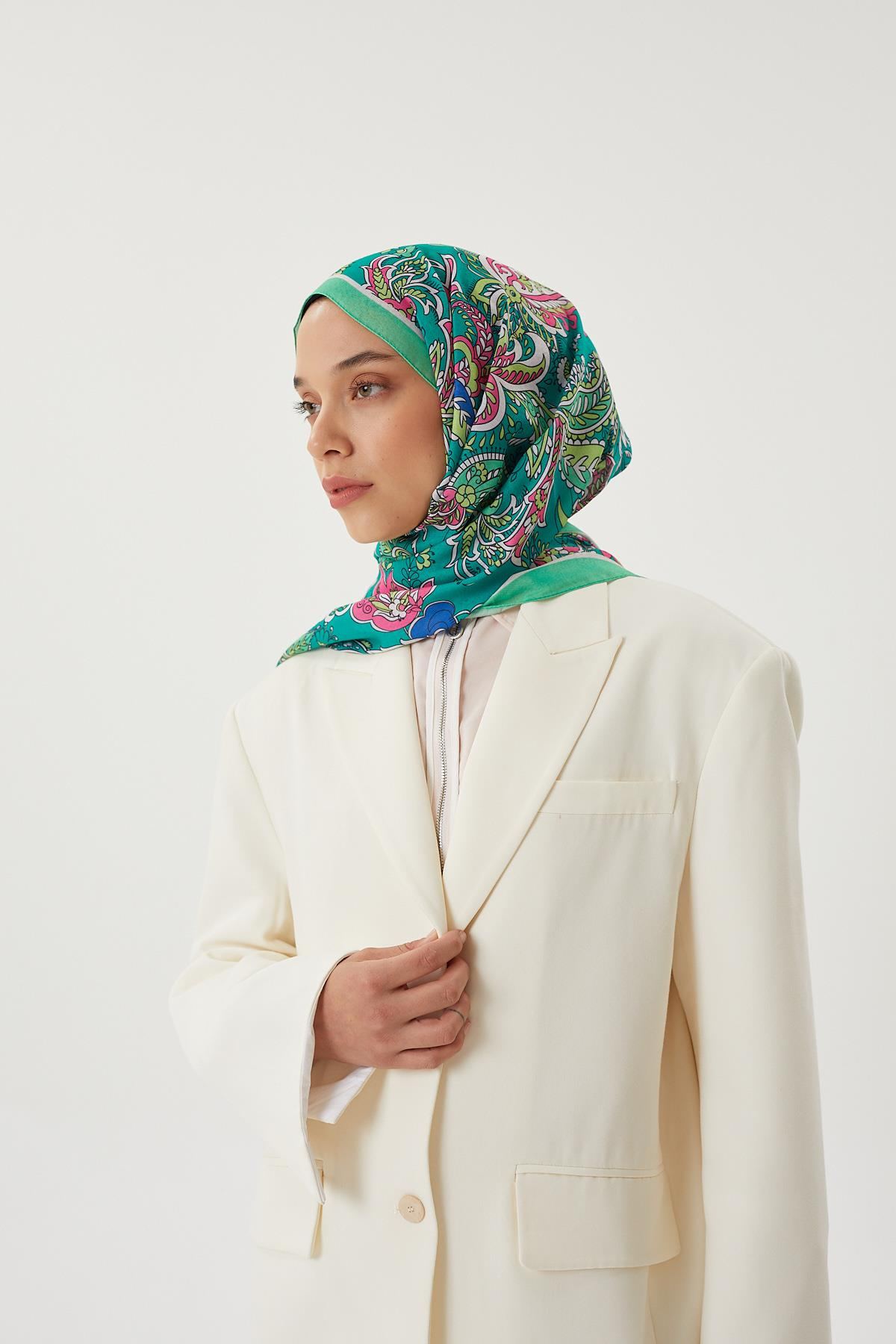 Yeşil & Benetton Retro Desen Şal · Pamuk · görsel 2