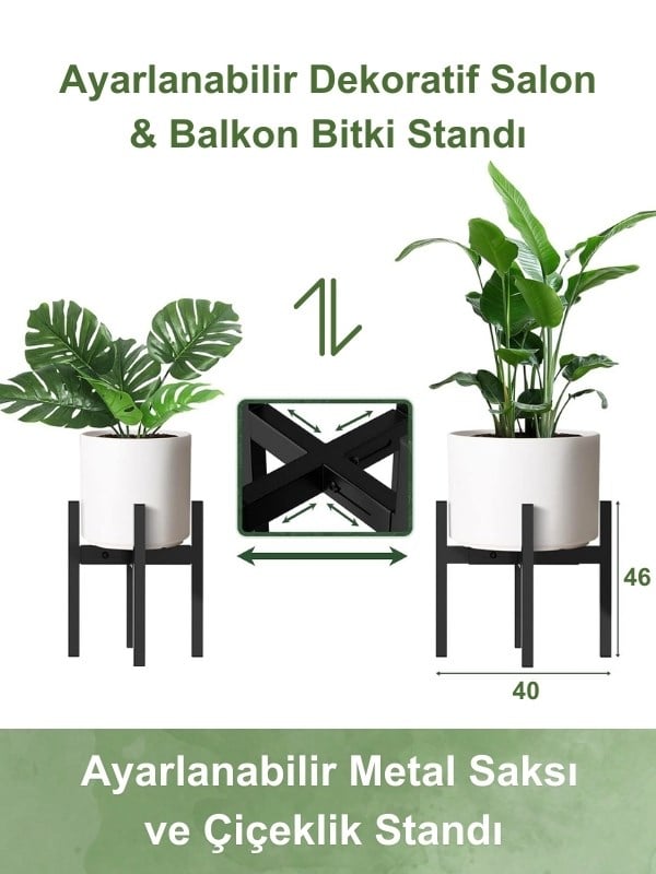 Ayarlanabilir Metal Saksı ve Çiçeklik Standı | Siyah Mat | Dekoratif Salon & Balkon Bitki Standı