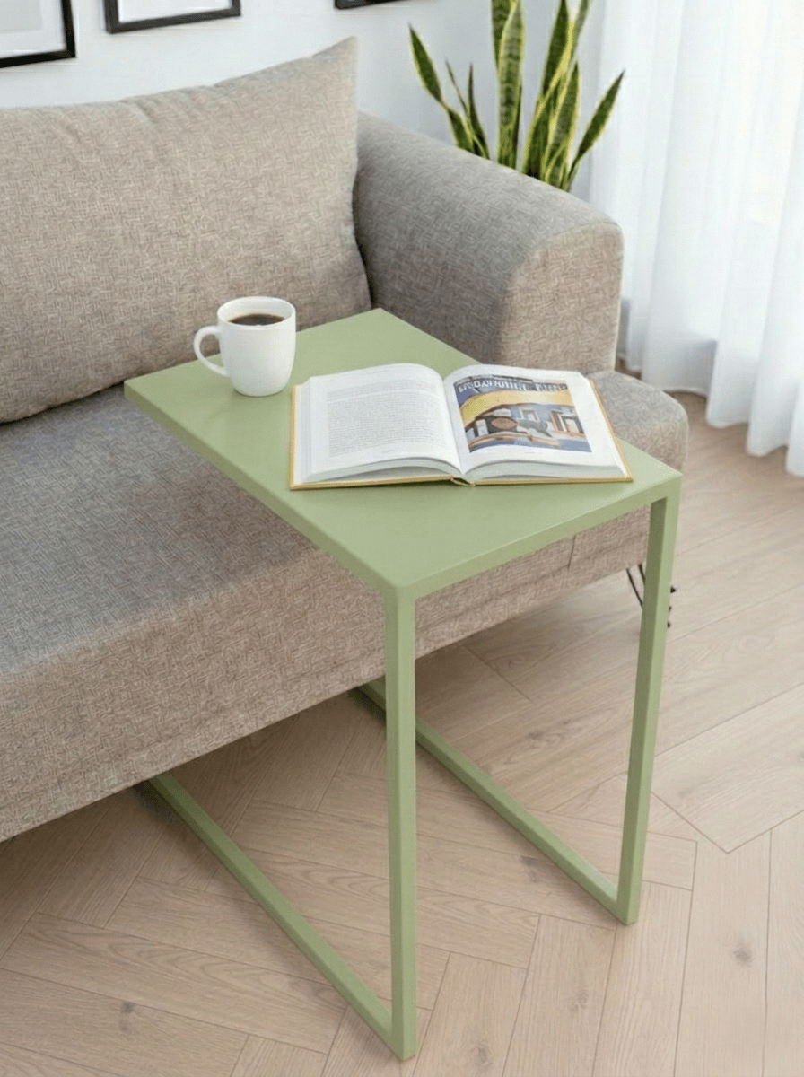 Pastel Yeşil Metal C Sehpa Modern Minimalist Yan Sehpa Koltuk Altına Giren Laptop ve Kahve Sehpası