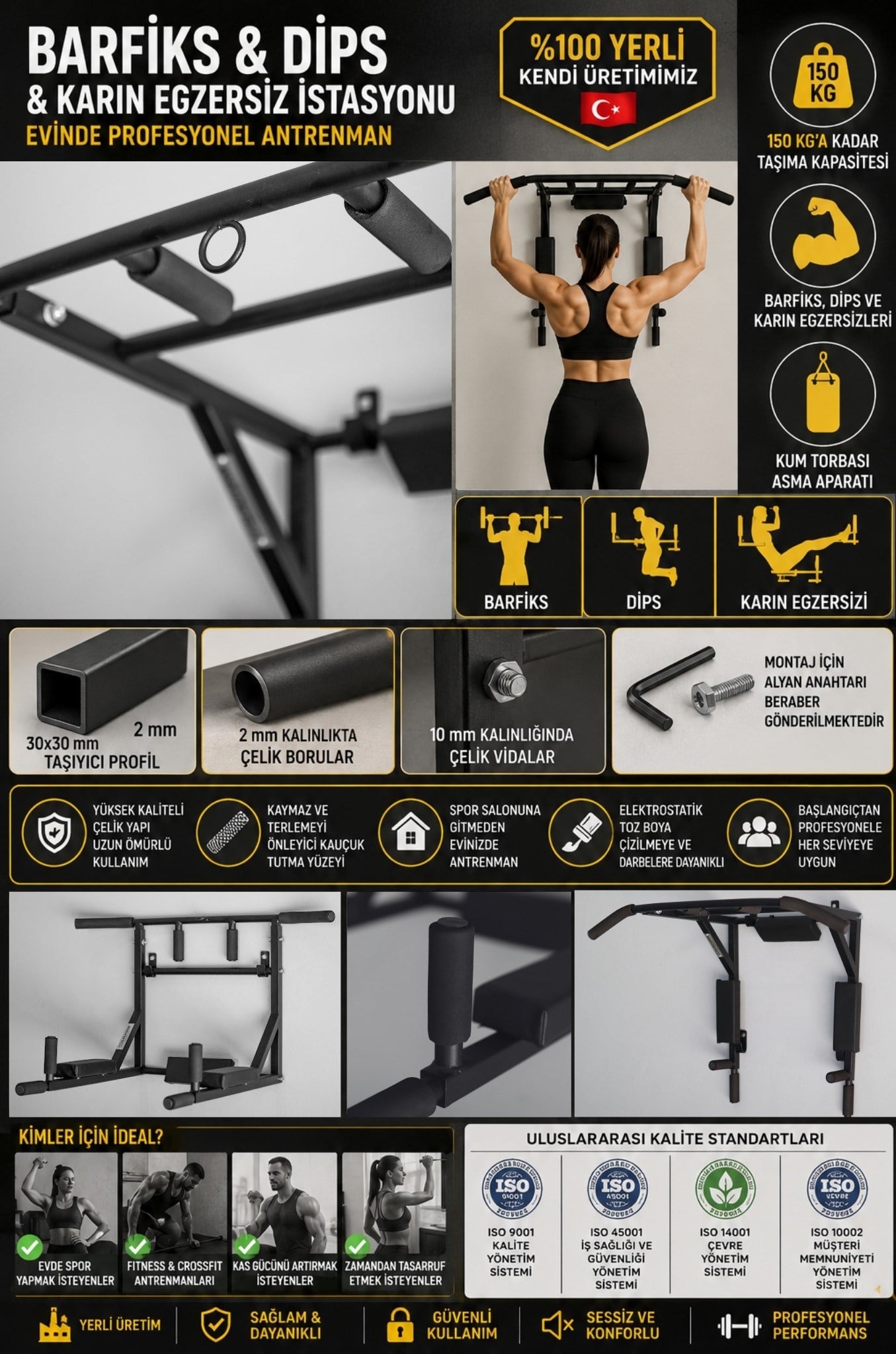 3ü 1 Arada Duvar Barfiks Barı Dips Spor Aleti Siyah