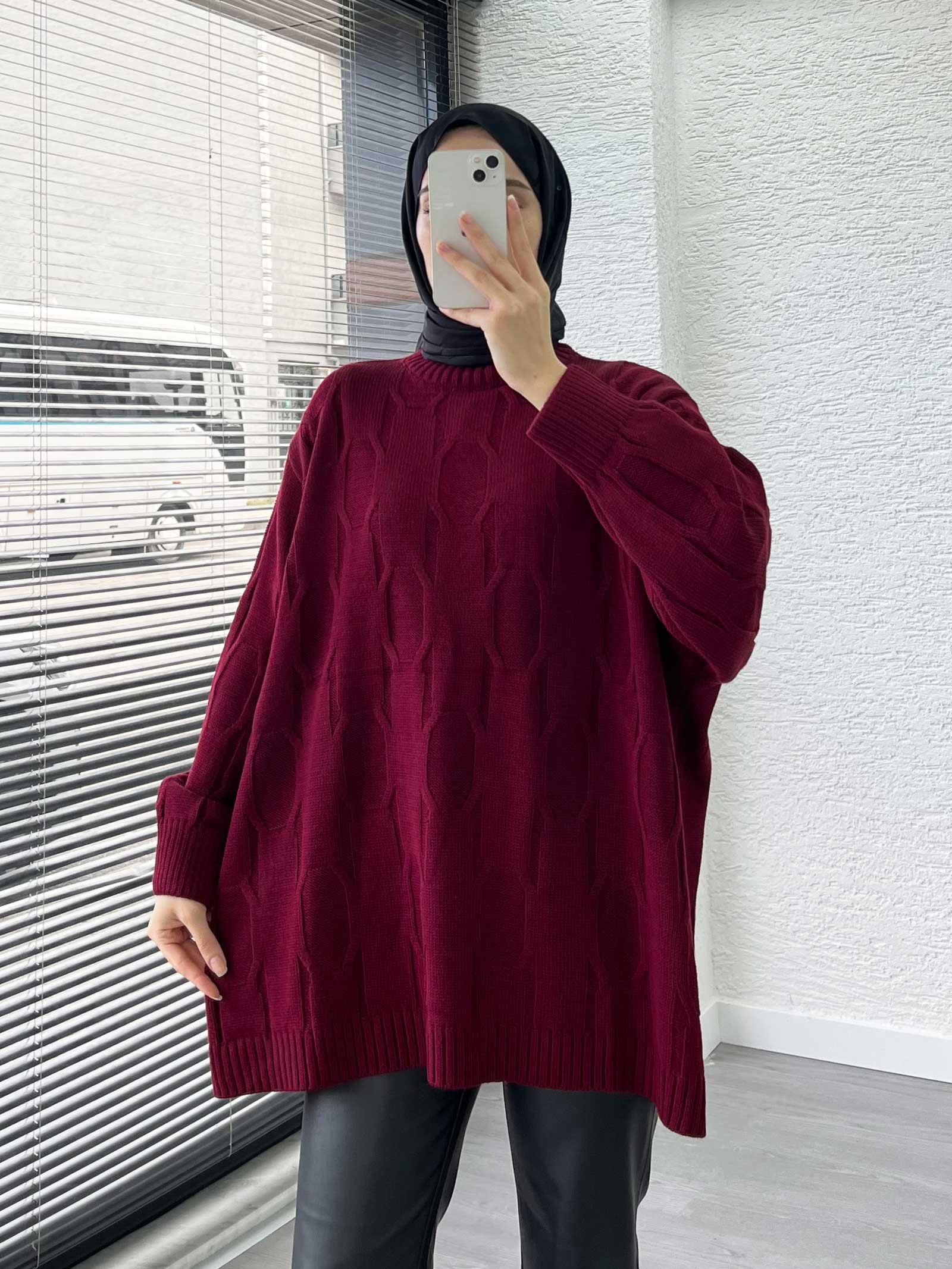 Bordo Kare Desenli Oversize Kadın Kazak