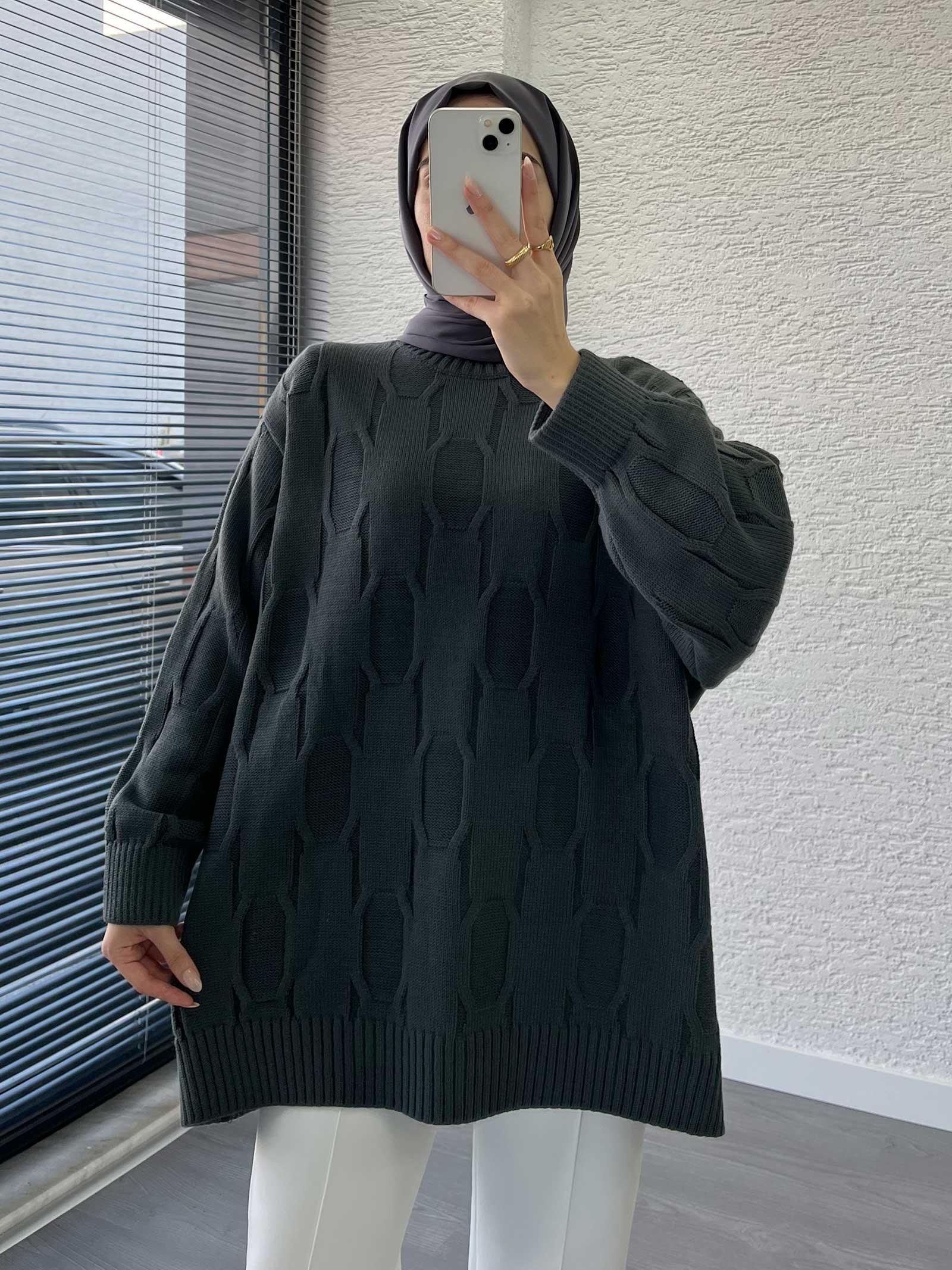 Füme Kare Desenli Oversize Kadın Kazak