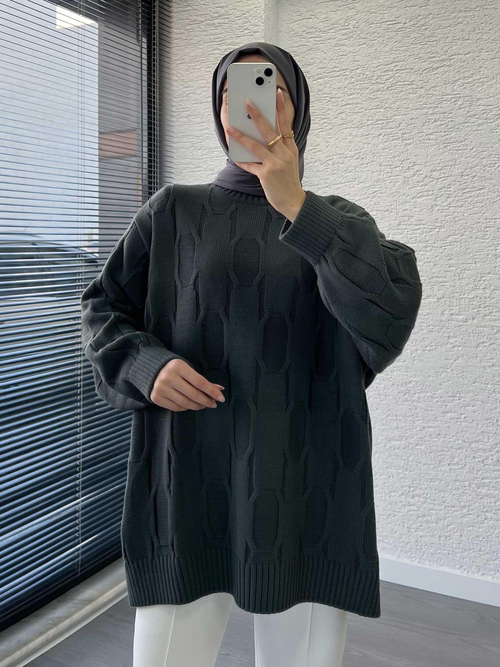 Füme Kare Desenli Oversize Kadın Kazak