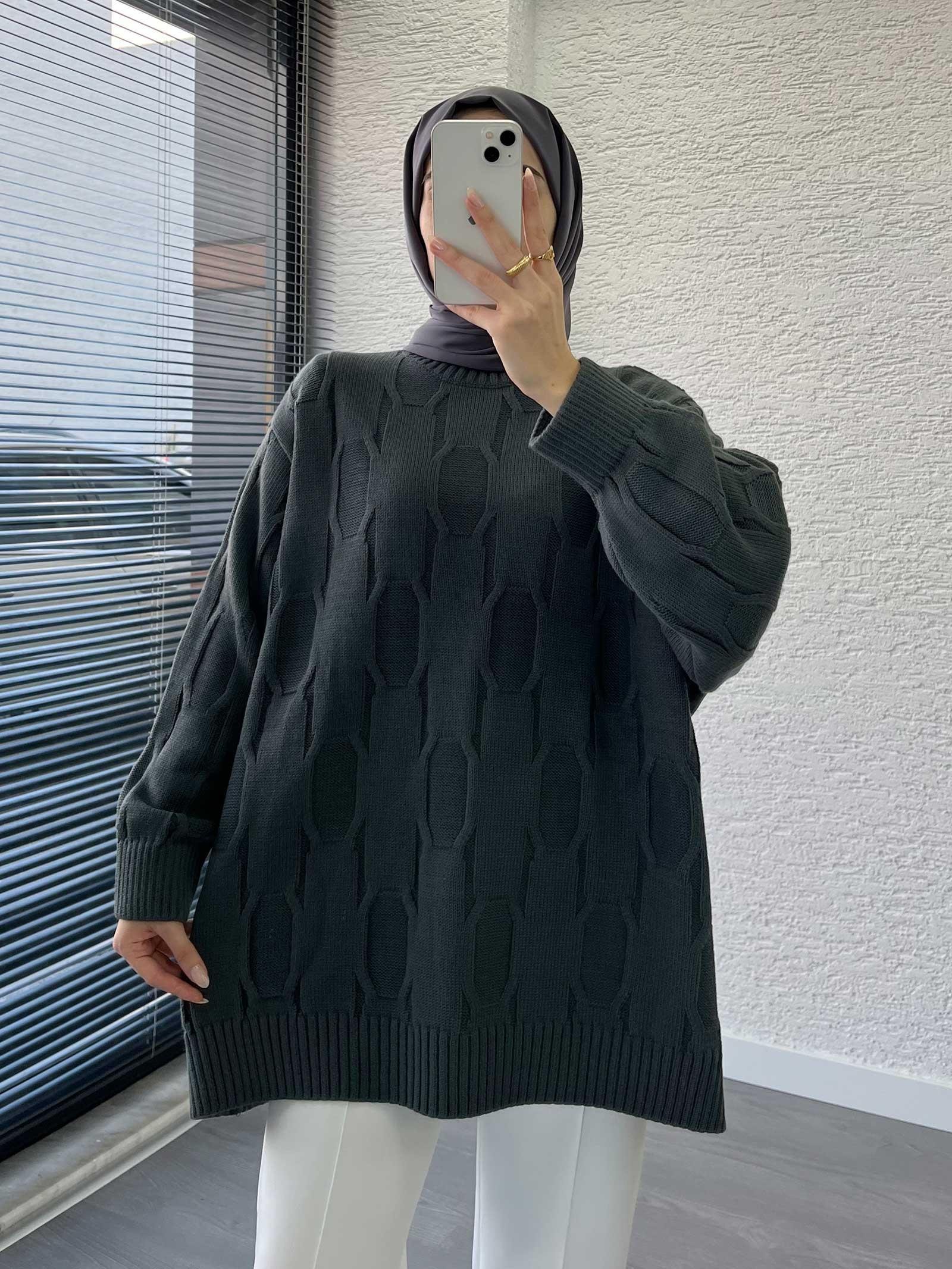 Füme Kare Desenli Oversize Kadın Kazak