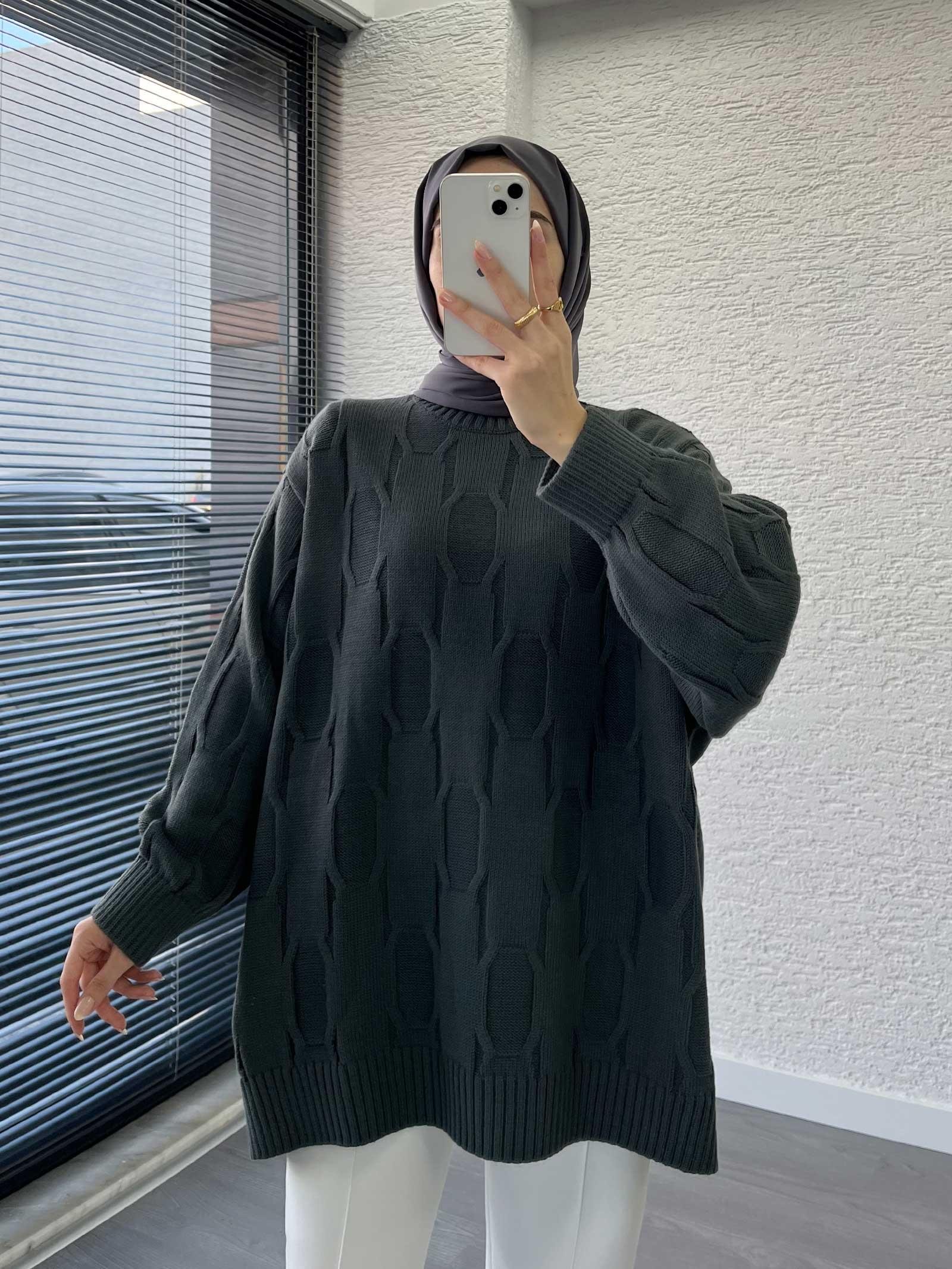 Füme Kare Desenli Oversize Kadın Kazak