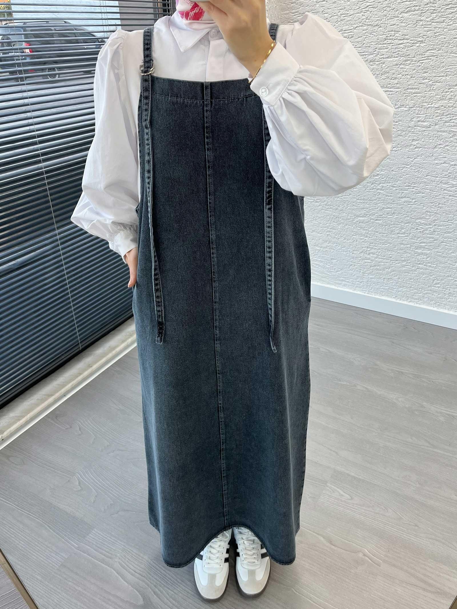 Füme Uzun Denim Kot Salopet Jile Elbise