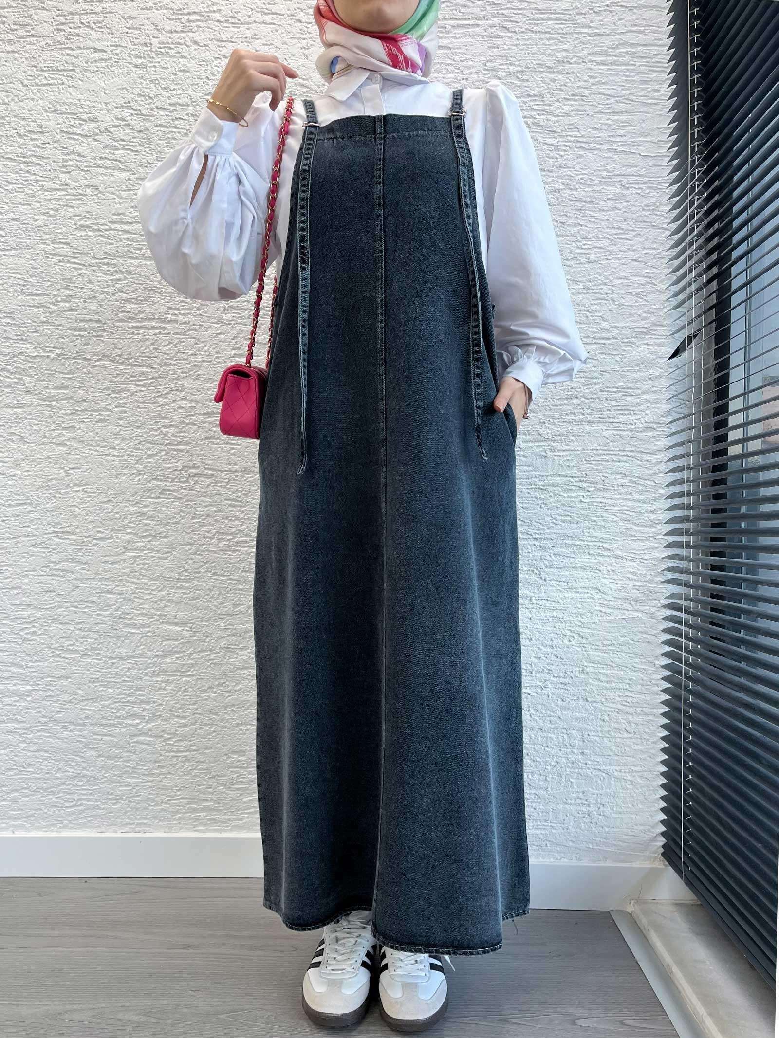 Füme Uzun Denim Kot Salopet Jile Elbise