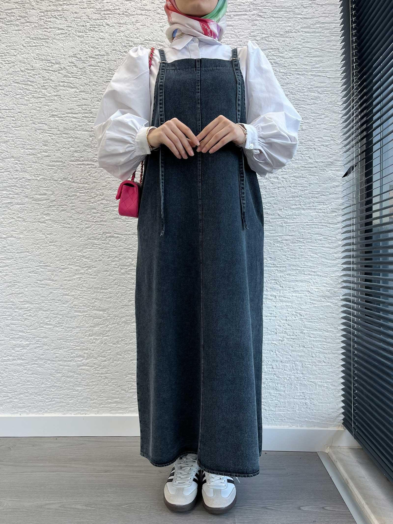 Füme Uzun Denim Kot Salopet Jile Elbise