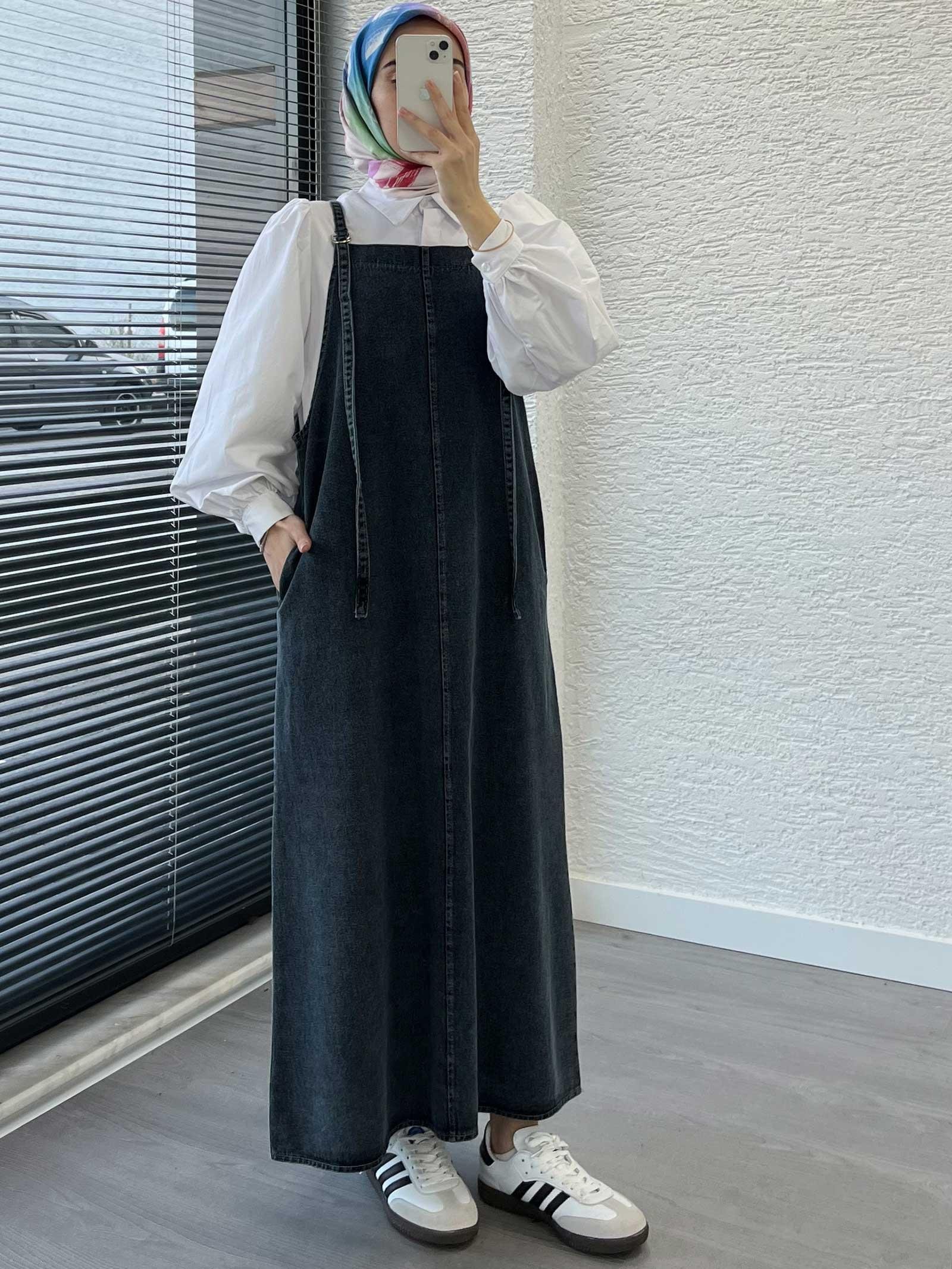Füme Uzun Denim Kot Salopet Jile Elbise