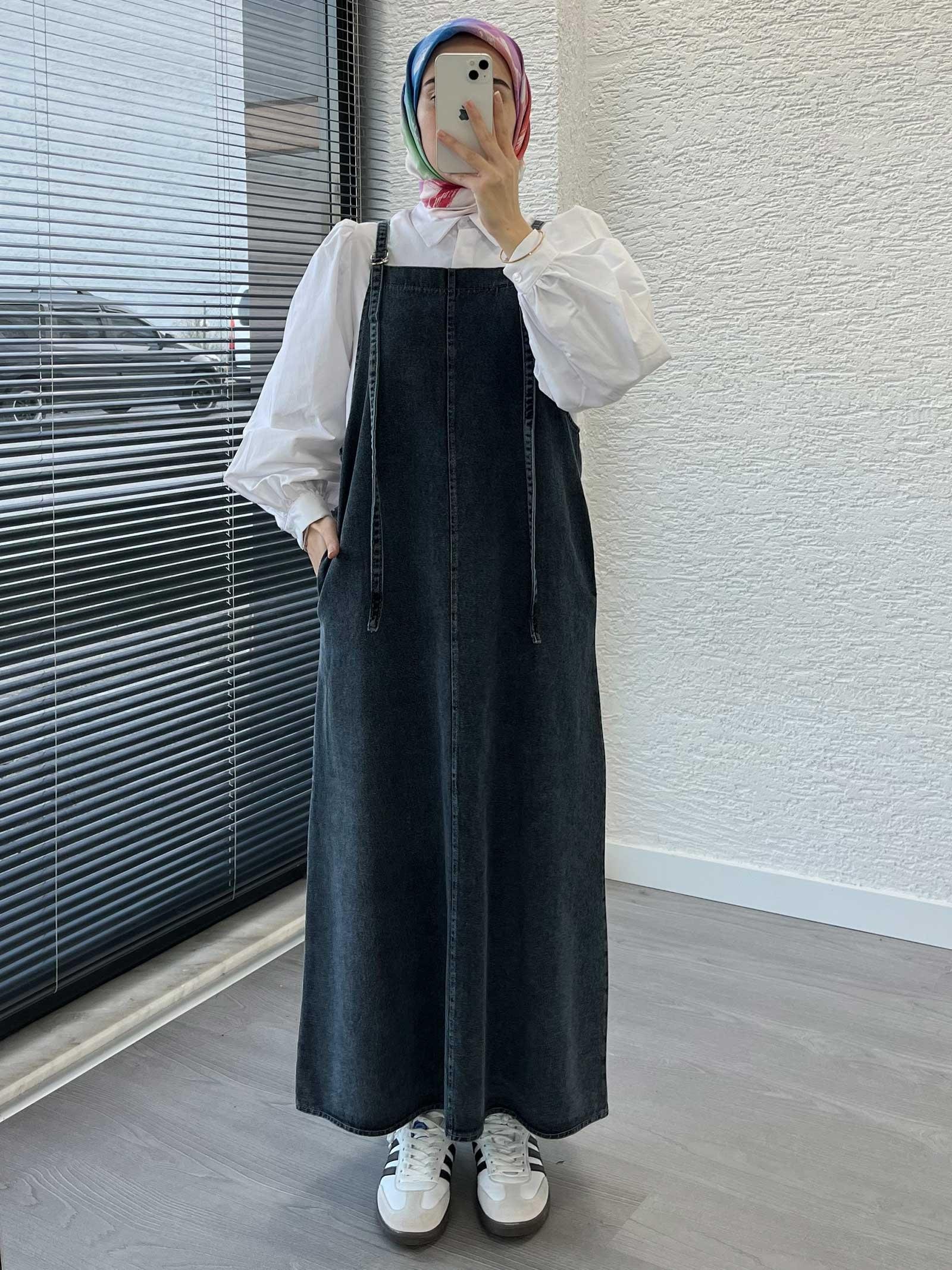 Füme Uzun Denim Kot Salopet Jile Elbise