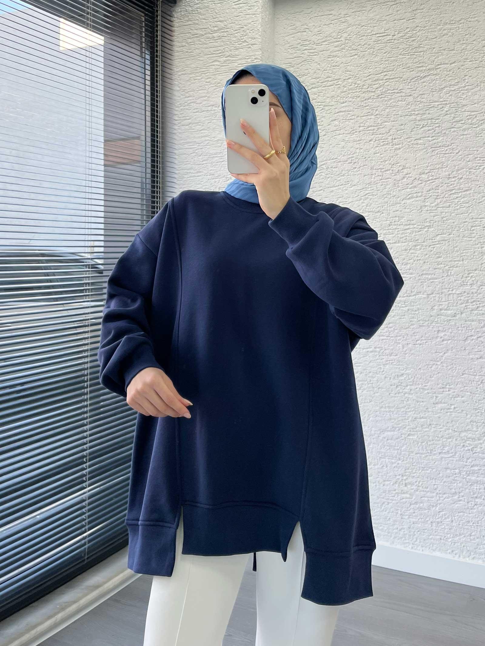 Lacivert Arka Fermuar Detaylı Oversize Sweat