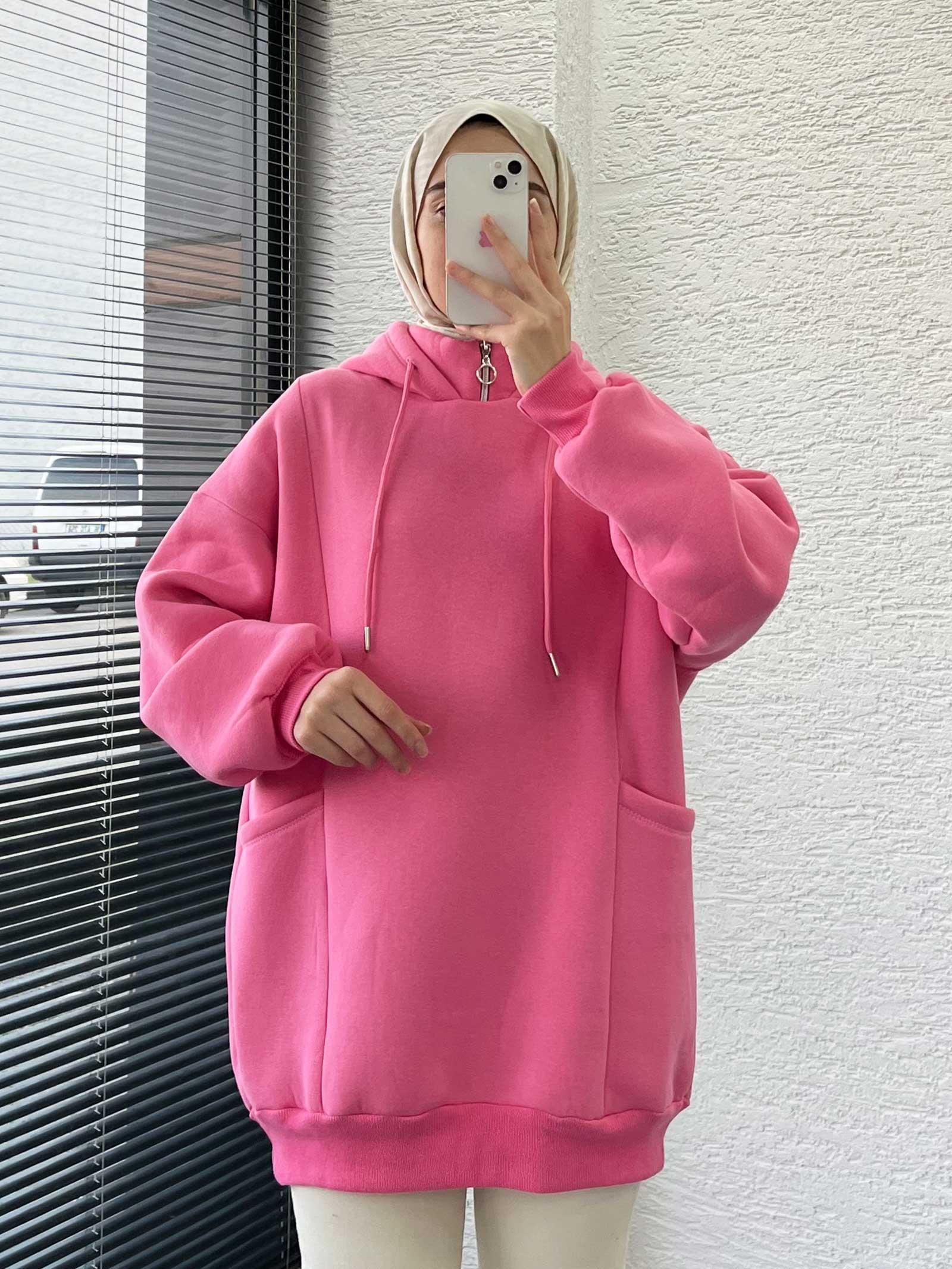 Pembe Cepli Oversize Kadın Sweat