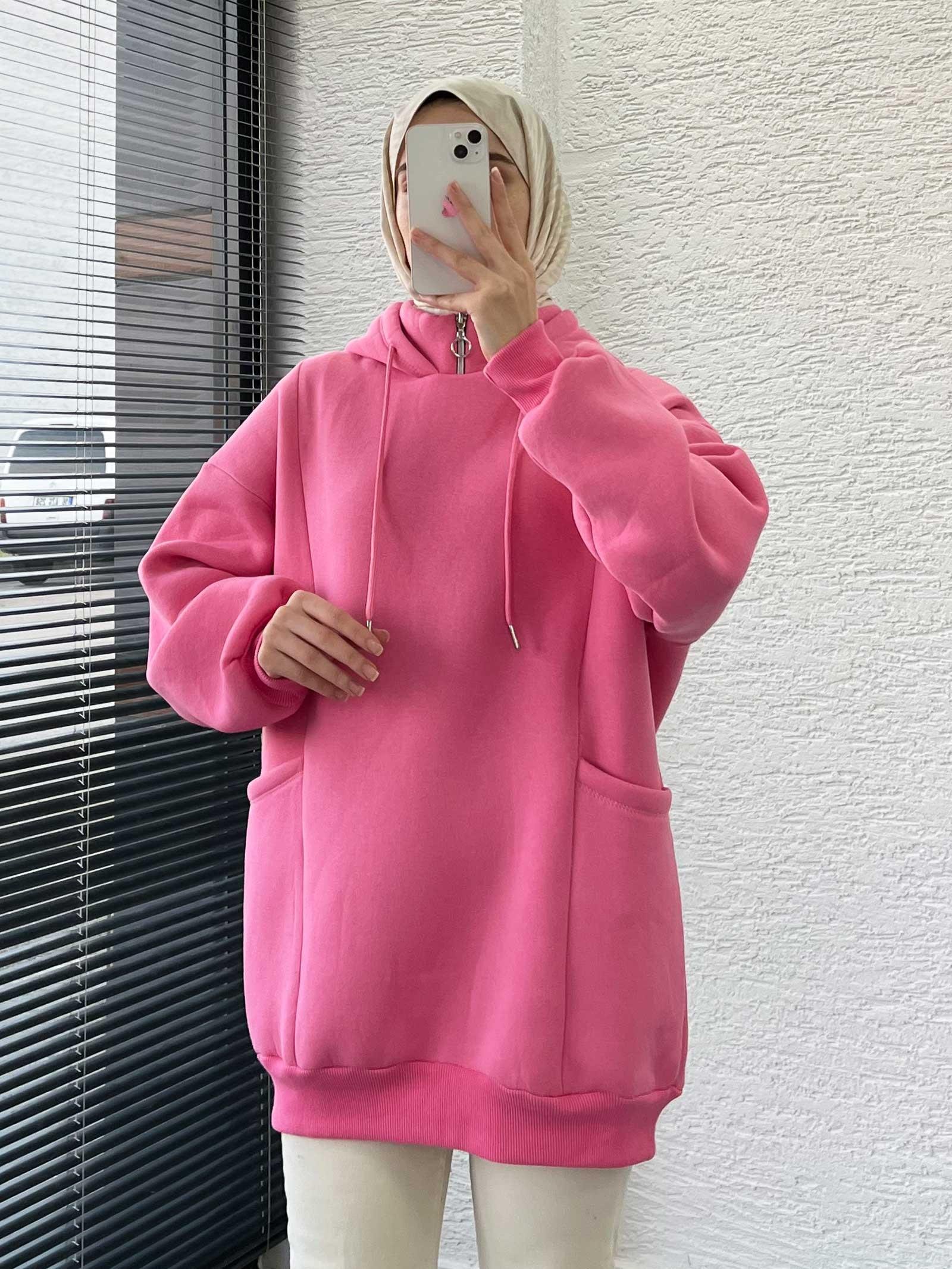 Pembe Cepli Oversize Kadın Sweat