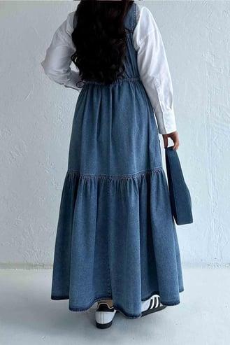 Üç Parça Beli Büzgü Detay Denim Mavi Jile