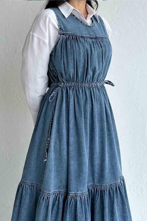 Üç Parça Beli Büzgü Detay Denim Mavi Jile
