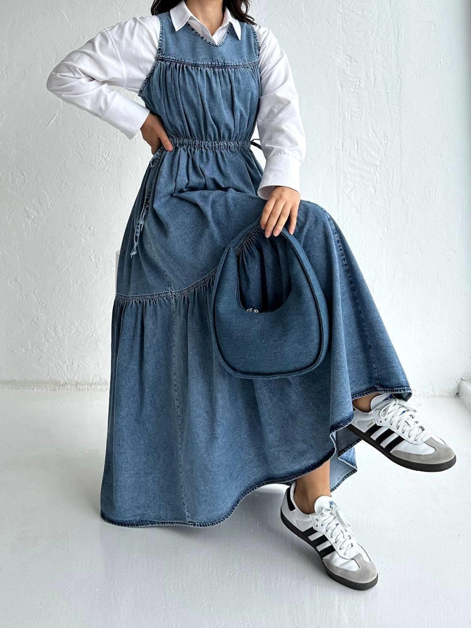 Üç Parça Beli Büzgü Detay Denim Mavi Jile