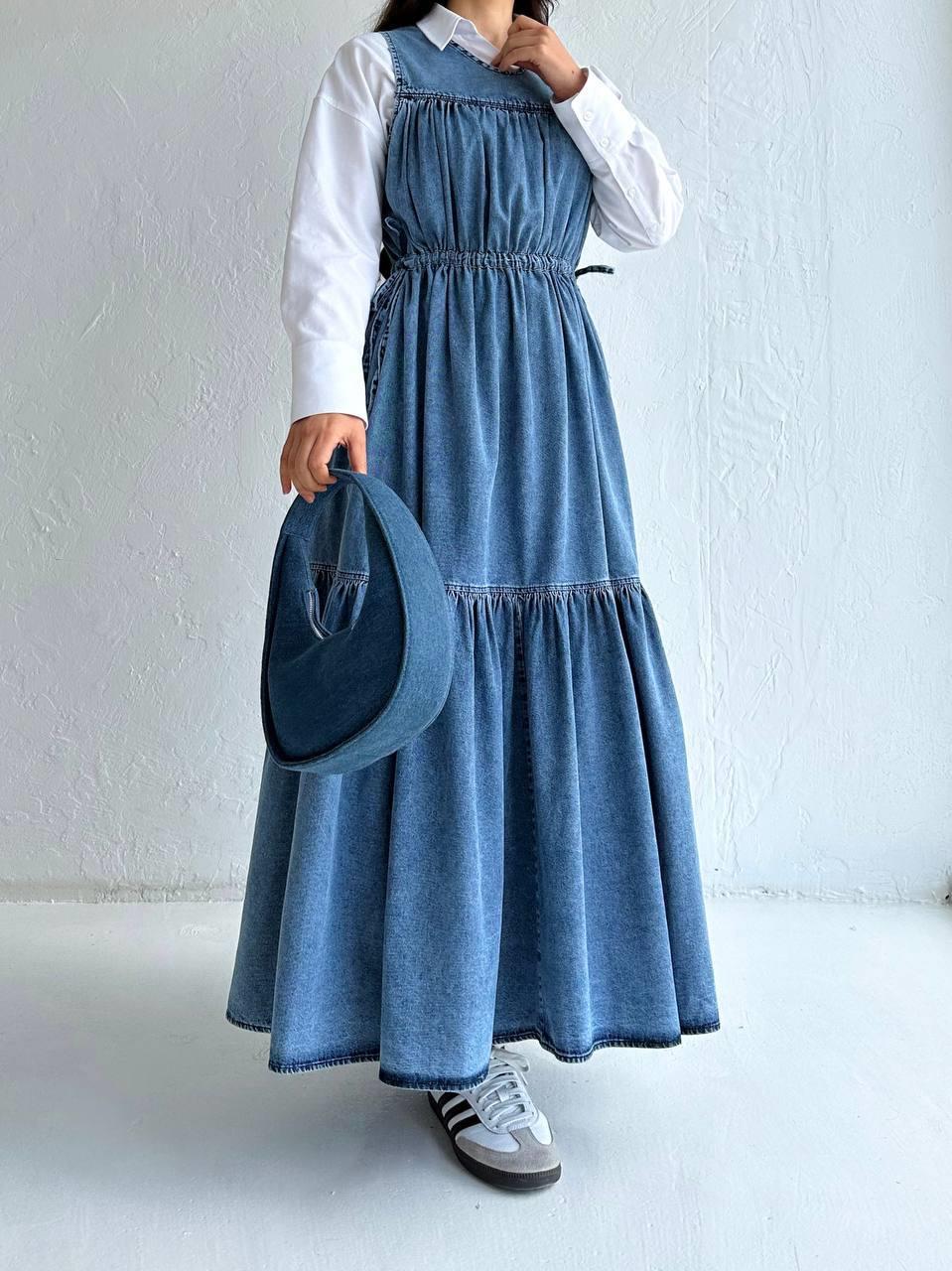 Üç Parça Beli Büzgü Detay Denim Mavi Jile