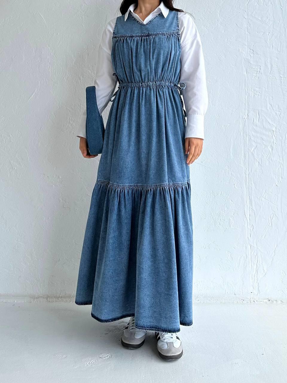 Üç Parça Beli Büzgü Detay Denim Mavi Jile