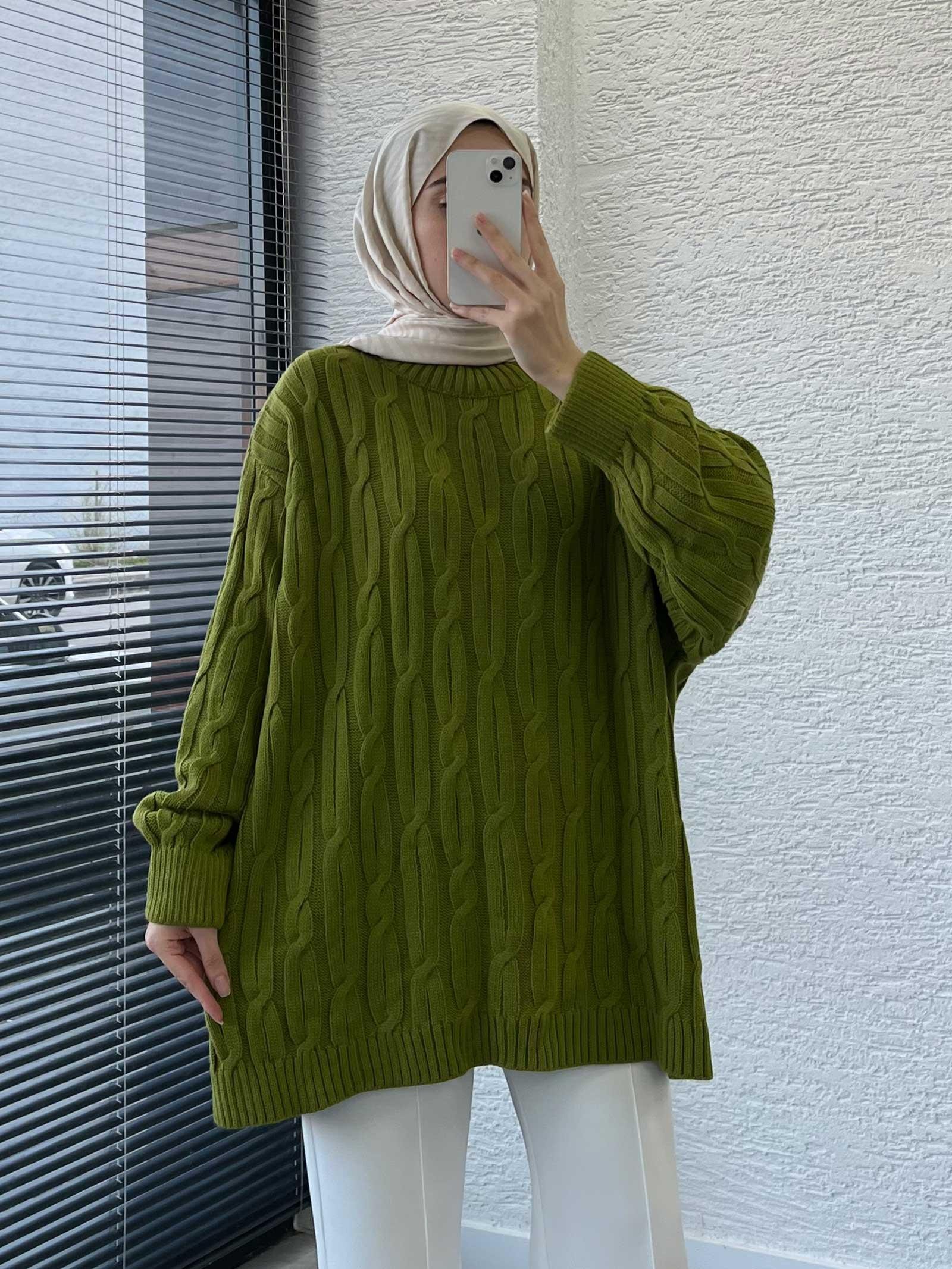 Yağ Yeşili Örgü Desen Oversize Kadın Kazak