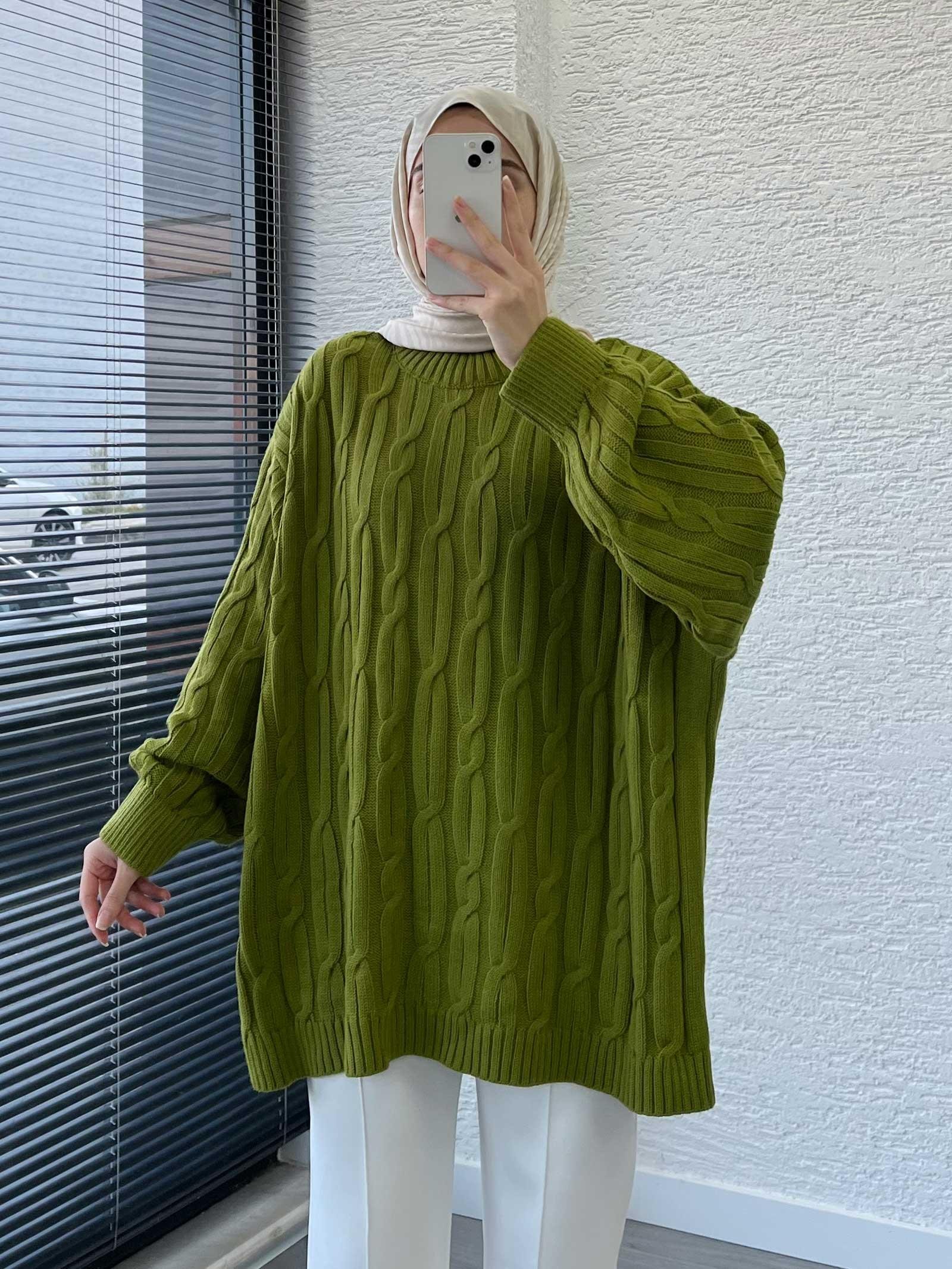 Yağ Yeşili Örgü Desen Oversize Kadın Kazak