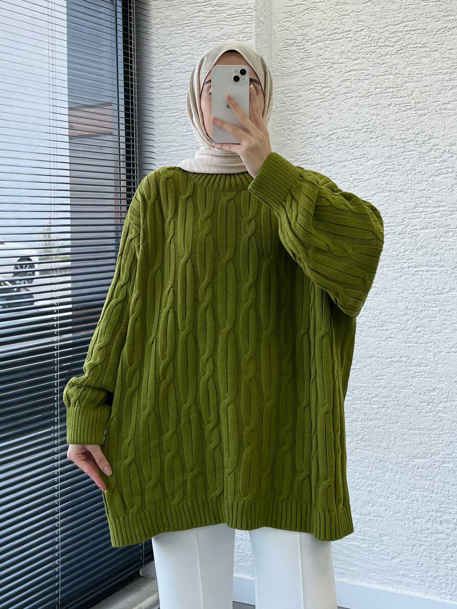 Yağ Yeşili Örgü Desen Oversize Kadın Kazak