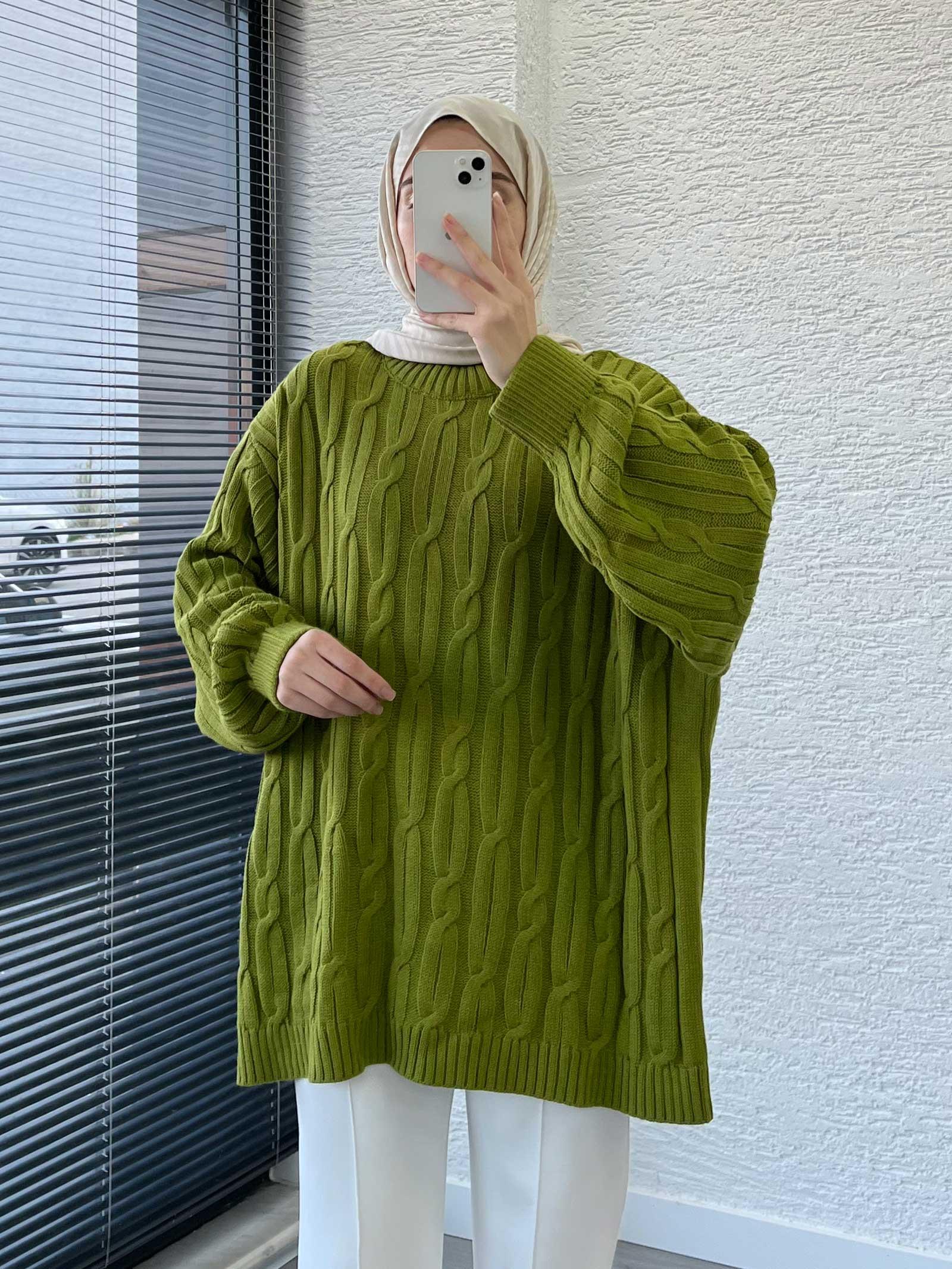 Yağ Yeşili Örgü Desen Oversize Kadın Kazak