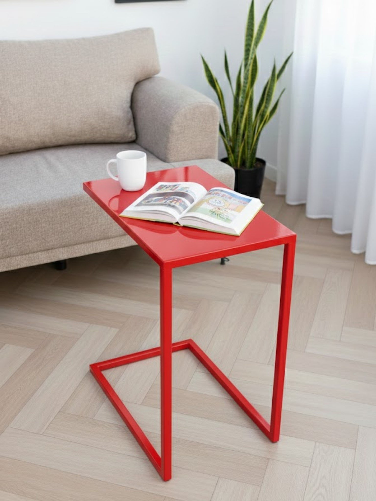 Kırmızı Metal C Sehpa Modern Minimalist Yan Sehpa Koltuk Altına Giren Laptop ve Kahve Sehpası