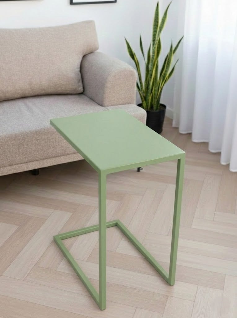 Pastel Yeşil Metal C Sehpa Modern Minimalist Yan Sehpa Koltuk Altına Giren Laptop ve Kahve Sehpası
